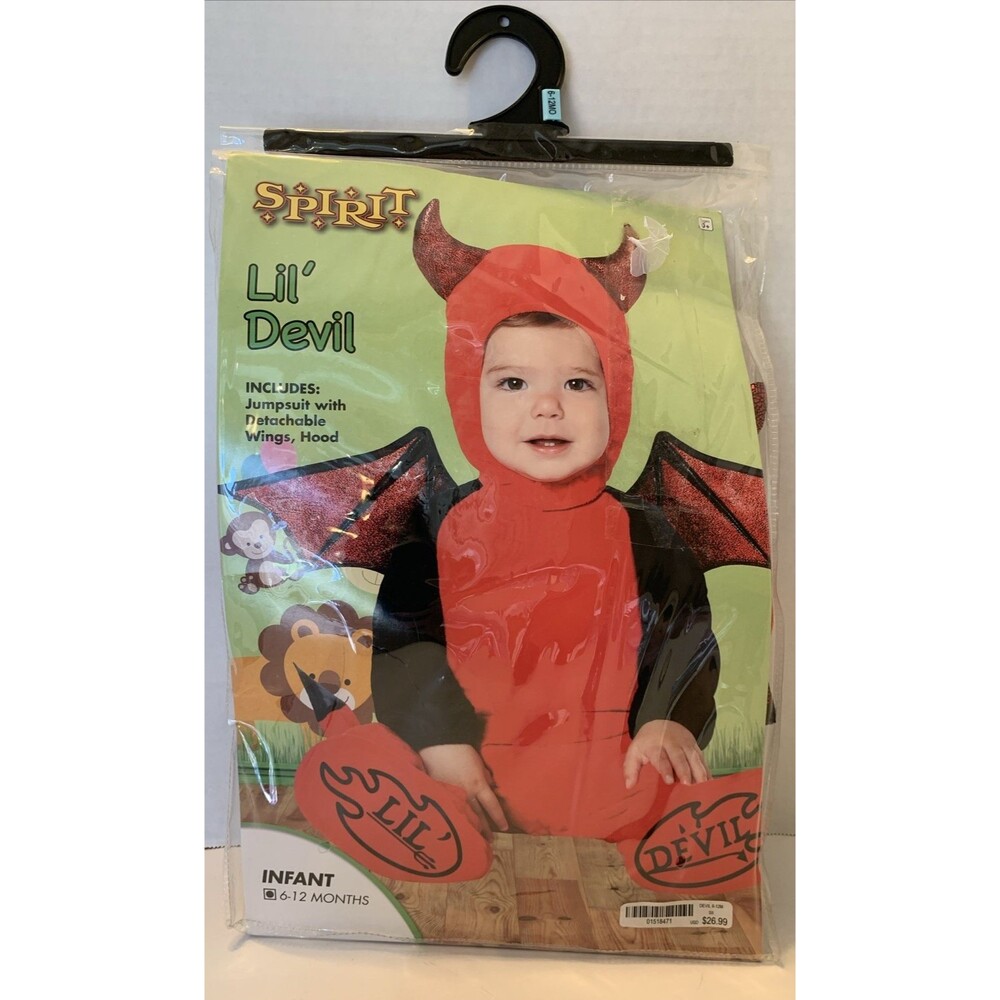 Spirit Halloween Devil Baby Costume 3 Pc Sz 6-12M Costume Jumpsuit Cap Wings NEW